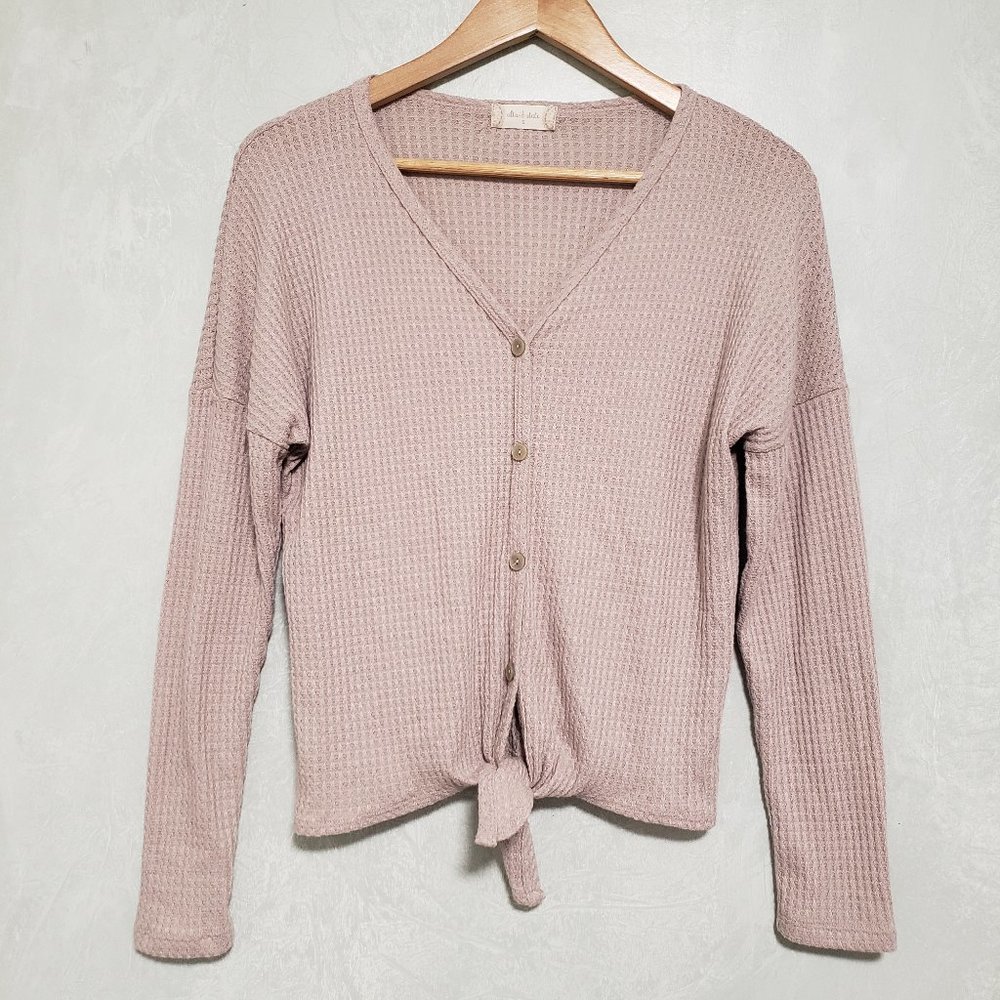 Altar'd State Thermal Knit Button Down Tie Front V-Neck Long Sleeve Top